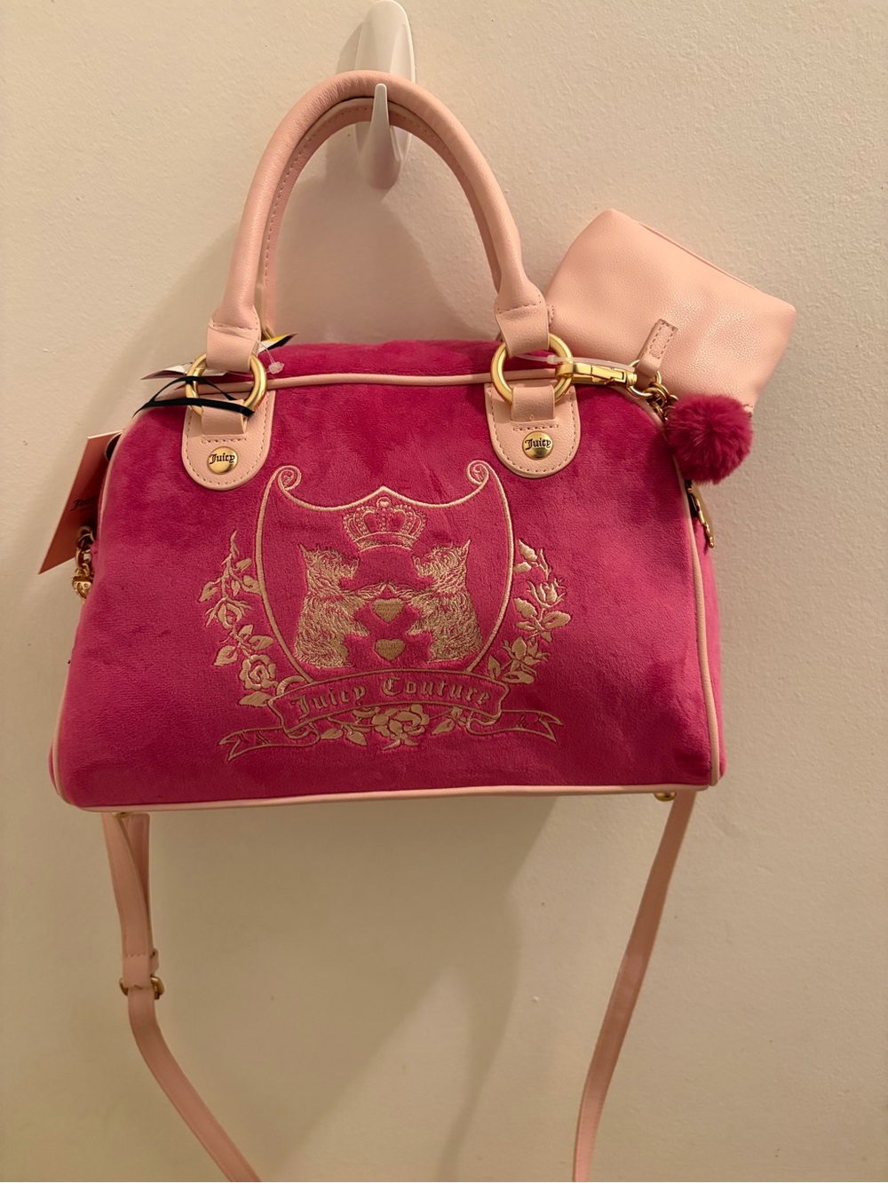 Juicy Couture Hot Pink Velvet Satchel with Pale Pink Trim